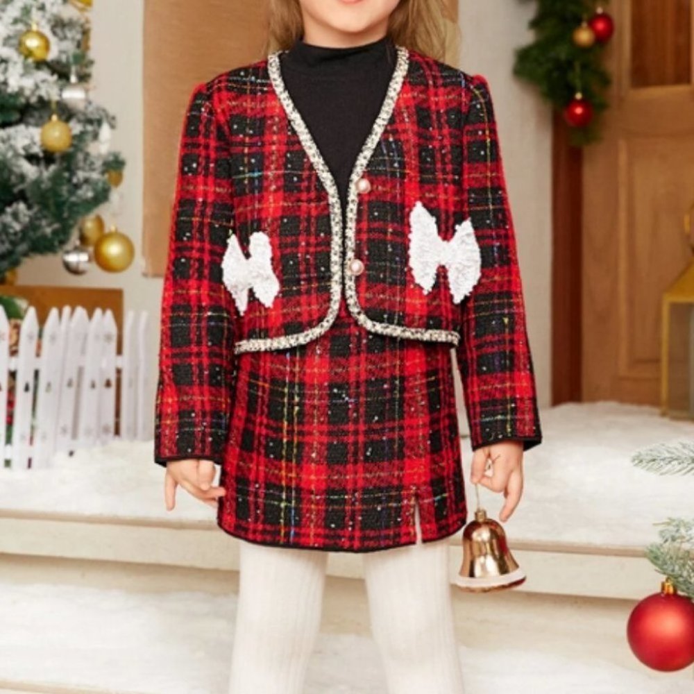 red plaid coord set jacket/ skirt with sequin bows - Picture 5 of 7